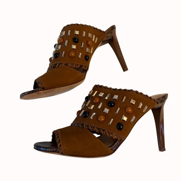 Antonio Melani Studded Mule Shoes Size 8 Beaded Brown Suede Heels Boho Hippie - Picture 5 of 14
